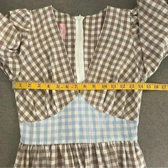 DEFECT-Molby the Label Mini Dress Womens 4 Gingham Brown and Light Blue - Picture 8 of 16